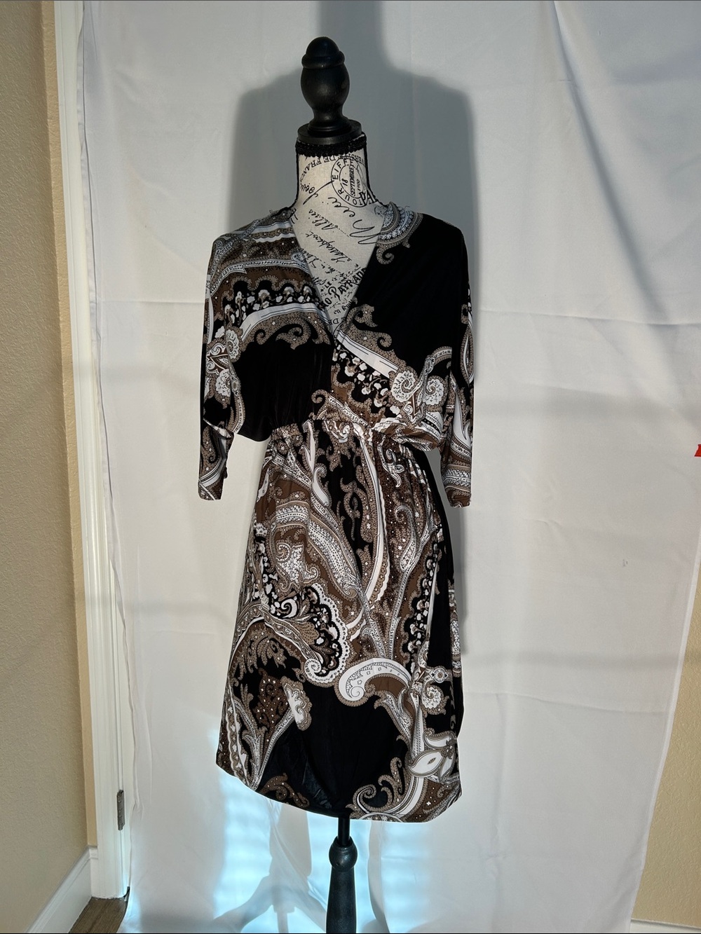 Paisley Wrap-Style Dress in Black and Brown